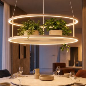 Lampadario rotondo porta oggetti bianco doppia luce led 40w 3000k dimmerabile per cucina