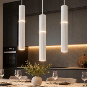 Lampadario 3 pendenti bianco cilindri led cct 3000k 4000k per tavolo cucina moderna