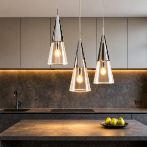 Ondaluce so trento 3 lampadario per cucina tre coni cromo vetri trasparenti