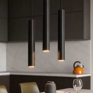 Lampadario tre cilindri a cascata metallo nero per cucina