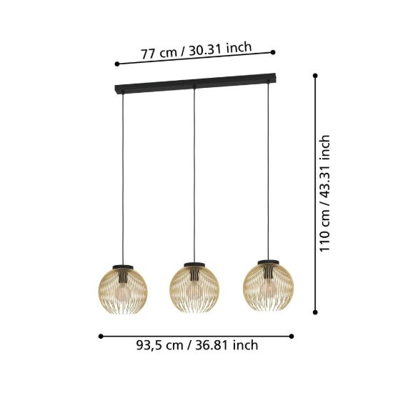 Eglo venezuela lampadario a sospensione per cucina lineare nero oro 3 luci 94cm