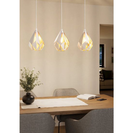 Eglo carlton 1 lampadario per cucina lineare bianco e oro 3 luci 81cm