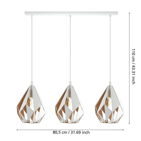 Eglo carlton 1 lampadario per cucina lineare bianco e oro 3 luci 81cm