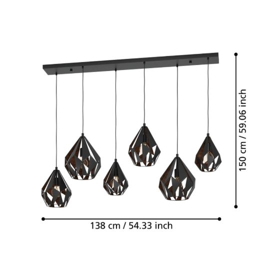 Eglo carlton 1 lampadario a sospensione 6 luci 146cm lineare nero e rame per soggiorno