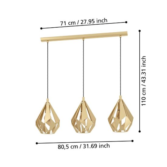 Eglo carlton lampadario a sospensione lineare oro per cucina 3 luci 81cm