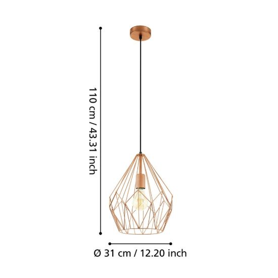 Eglo carlton lampadario moderno per ingresso goccia rame a sospensione 31cm