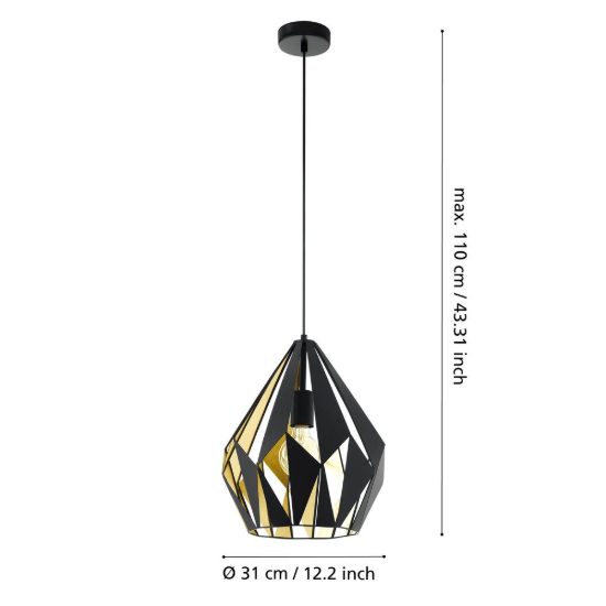 Eglo carlton 1 lampadario a sospensione 31cm goccia nero oro per ingresso
