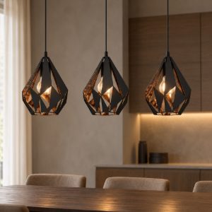 Eglo carlton 1 lampadario a sospensione 3 luci 81cm lineare nero e rame per cucina