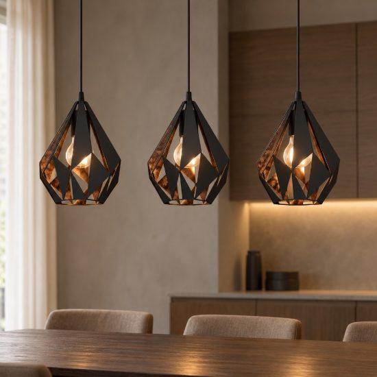 Eglo carlton 1 lampadario a sospensione 3 luci 81cm lineare nero e rame per cucina
