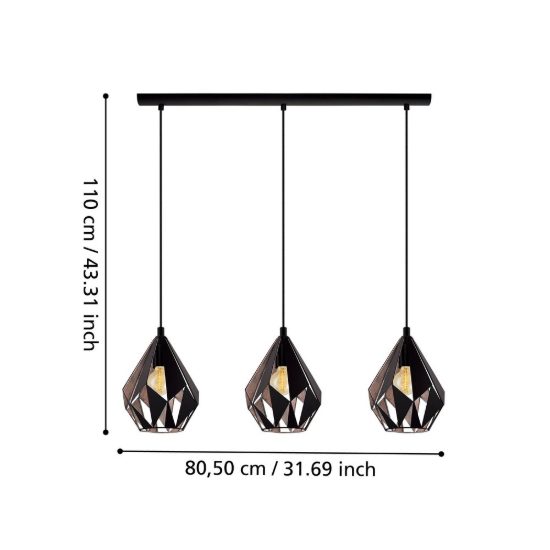 Eglo carlton 1 lampadario a sospensione 3 luci 81cm lineare nero e rame per cucina
