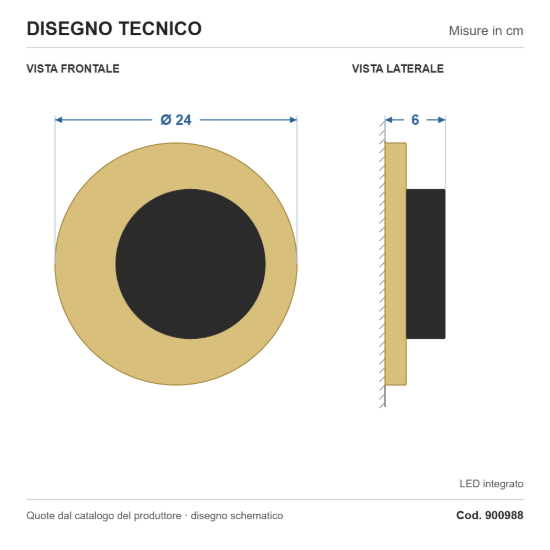 Eglo tocina applique rotonda nero e ottone spazzolato per ingresso led 11w 3000k 24cm