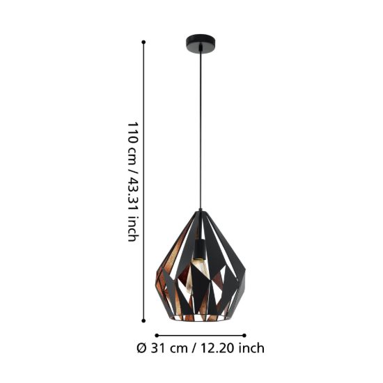 Eglo carlton 1 lampadario a sospensione 31cm nero e rame per sala da pranzo
