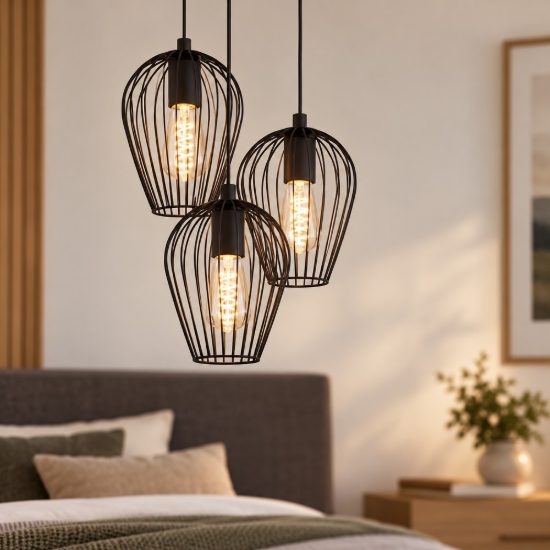 Eglo newtown lampadario moderno a sospensione 3 luci 38cm con pendenti a gabbia neri per cucina