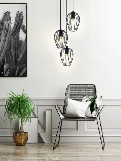 Eglo newtown lampadario moderno a sospensione 3 luci 38cm con pendenti a gabbia neri per cucina