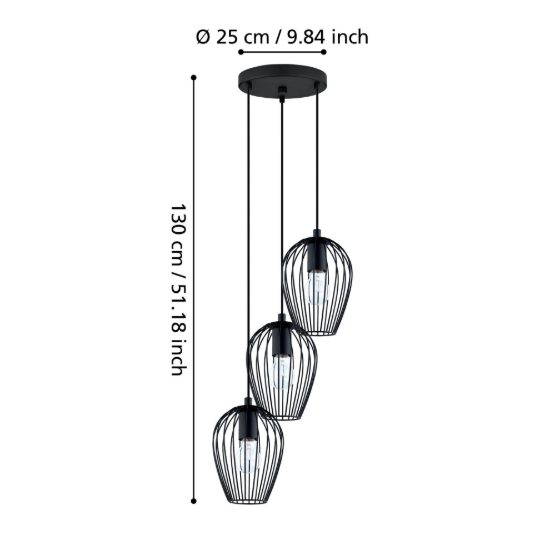 Eglo newtown lampadario moderno a sospensione 3 luci 38cm con pendenti a gabbia neri per cucina