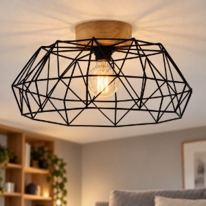 Eglo padstow plafoniera industriale nero naturale legno 46cm
