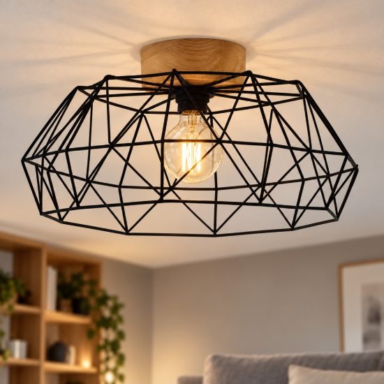 Eglo padstow plafoniera industriale nero naturale legno 46cm