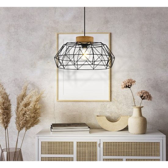 Eglo padstow lampadario a sospensione industriale nero naturale per soggiorno 46cm
