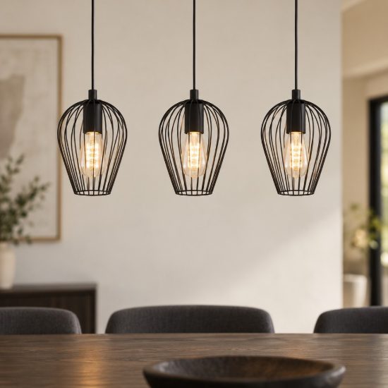 Eglo newtown lampadario per cucina lineare nero a sospensione 3 luci 70cm
