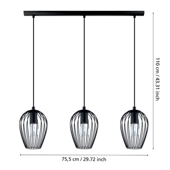 Eglo newtown lampadario per cucina lineare nero a sospensione 3 luci 70cm