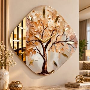 Orologio da parete moderno rombo albero dettagli foglia oro 50x50 cm