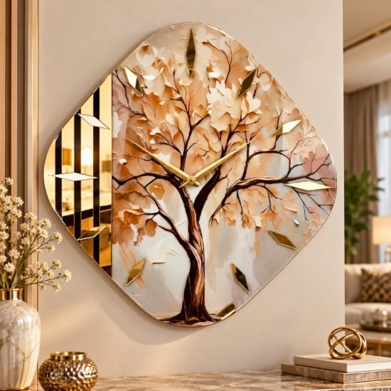 Orologio da parete moderno rombo albero dettagli foglia oro 50x50 cm