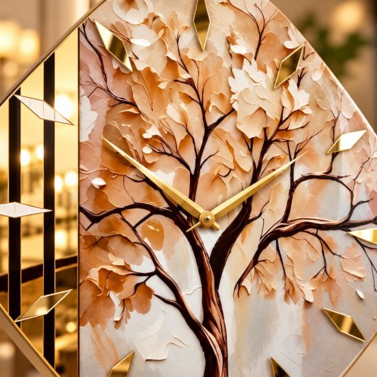 Orologio da parete moderno rombo albero dettagli foglia oro 50x50 cm