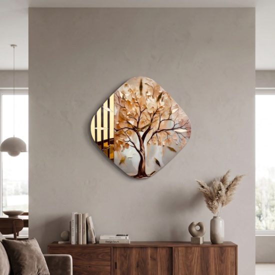 Orologio da parete moderno rombo albero dettagli foglia oro 50x50 cm