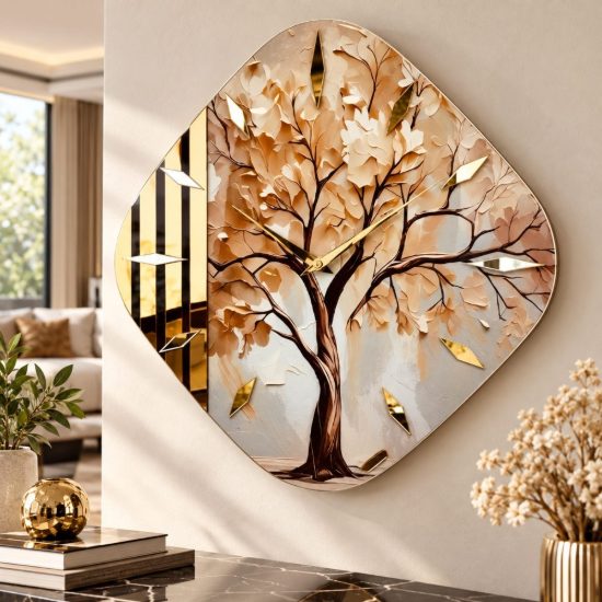 Orologio da parete moderno rombo albero dettagli foglia oro 70x70 cm