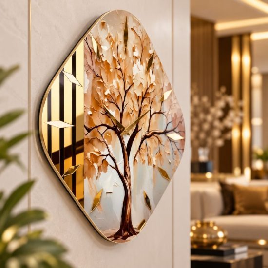 Orologio da parete moderno rombo albero dettagli foglia oro 70x70 cm