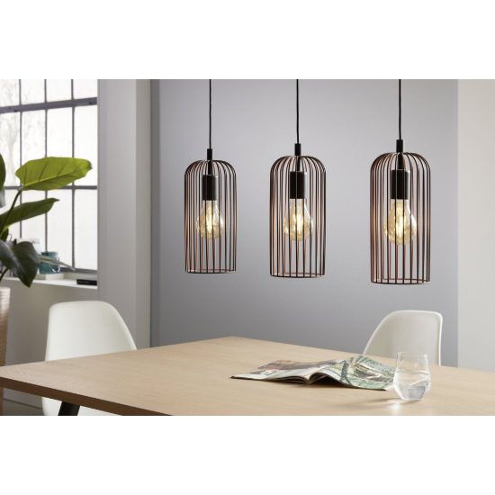 Eglo roccamena lampadario a sospensione 3 luci 73cm lineare nero e rame per cucina