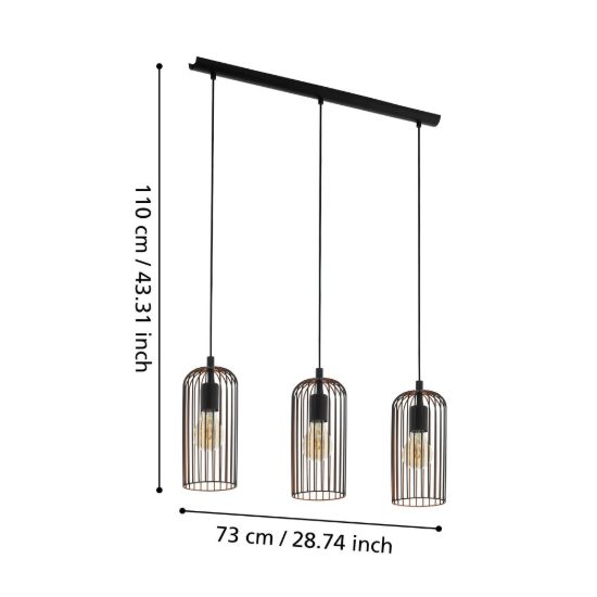 Eglo roccamena lampadario a sospensione 3 luci 73cm lineare nero e rame per cucina