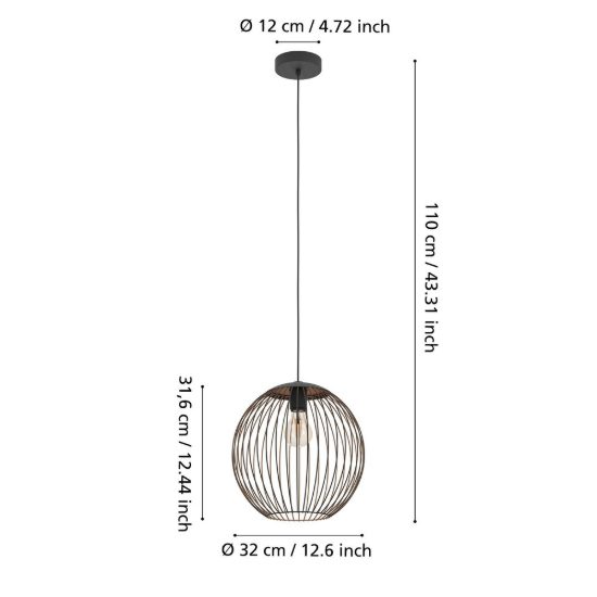 Eglo almanzora lampadario sfera industriale a sospensione nero rame per ingresso 32cm