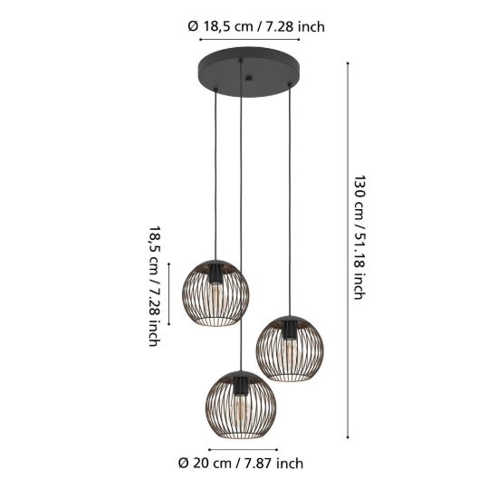 Eglo almanzora lampadario a sospensione per cucina lineare nero rame 3 luci 47cm