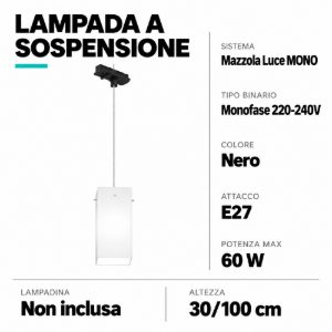 Kit lampada a sospensione vetro bianco per binario nero monofase
