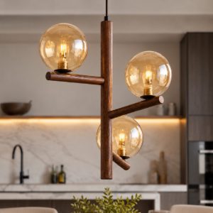 Lampadario stile nordico per cucina in legno noce sfere di vetro ambra