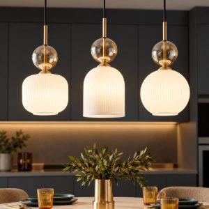 Lampadario oro barra 3 vetri pendenti ambra bianco per tavolo cucina