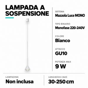 Lampada sospensione per binario monofase kit magnetico cavo 250cm