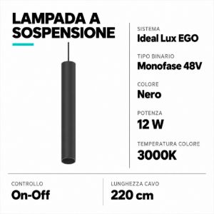 Ideal lux ego pendant lampada led 12w 3000k nero 48v ottica 30