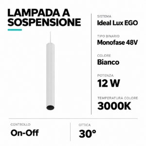 Ego pendant ideal lux lampada a sospensione led 12w 3000k bianco 48v ottica 30