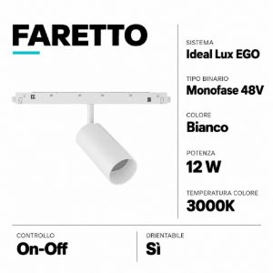 Ego track faretto bianco led 12w 3000k per binario monofase