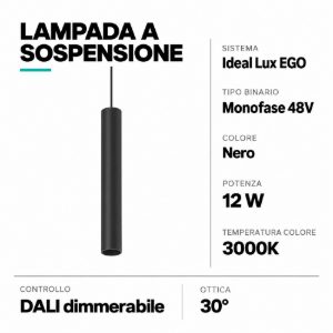 Ego ideal lux lampada led 12w dali nero sospensione binario ego monofase 48v ottica 30