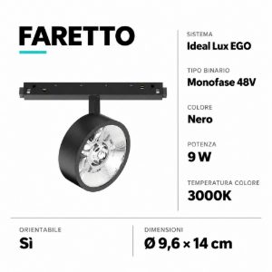 Ego ideal lux faretto per binario monofase nero led 9w 3000k orientabile