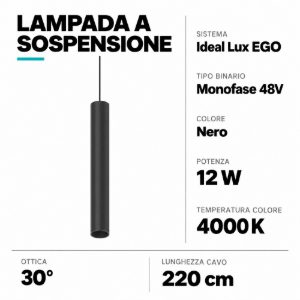 Ego ideal lux lampada a sospensione led 12w 4000k nero per binario monofase