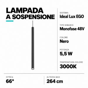 Ego pendant ideal lux lampada a sospensione per binario led 5,5w 3000k nero
