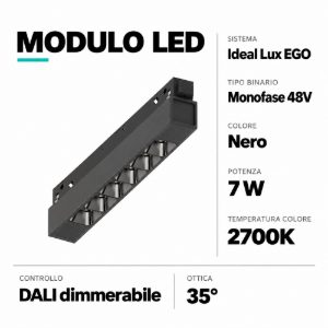 Ideal lux ego modulo faretti led 7w 2700k dimmerabile dali nero binario monofase