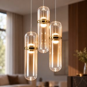 Fabas portofino lampadario da cucina 3 luci vetro cognac led 18w 3000k dimmerabile 3