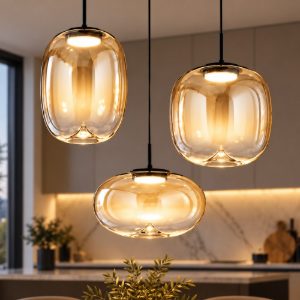 Lampadario per isola cucina moderna 3 luci vetro cognac led 42w 2700k 3000k 4000k dimmerabile perenz brio