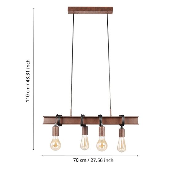 Eglo townshend 4 lampadario lineare marrone invecchiato per sala da pranzo 4 luci 70cm