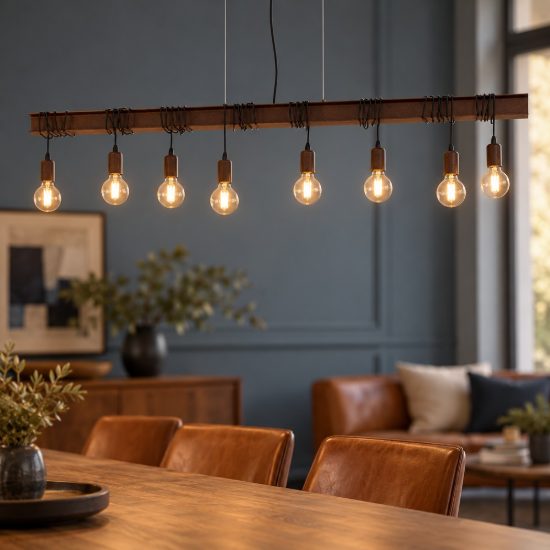 Eglo townshend 4 lampadario 8 luci 150cm lineare marrone invecchiato e nero per sala da pranzo